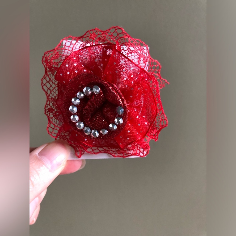New Y2K Girls Red lace flower hair clip Sliding clip Barrette rhinestones